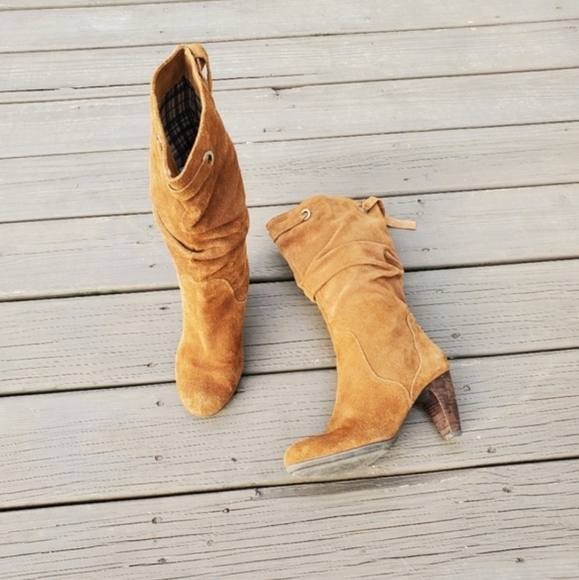 Vintage 90s y2k Whiskey Brown Suede Leather Slouchy Boho Western Mid Calf Boots - Picture 8 of 8